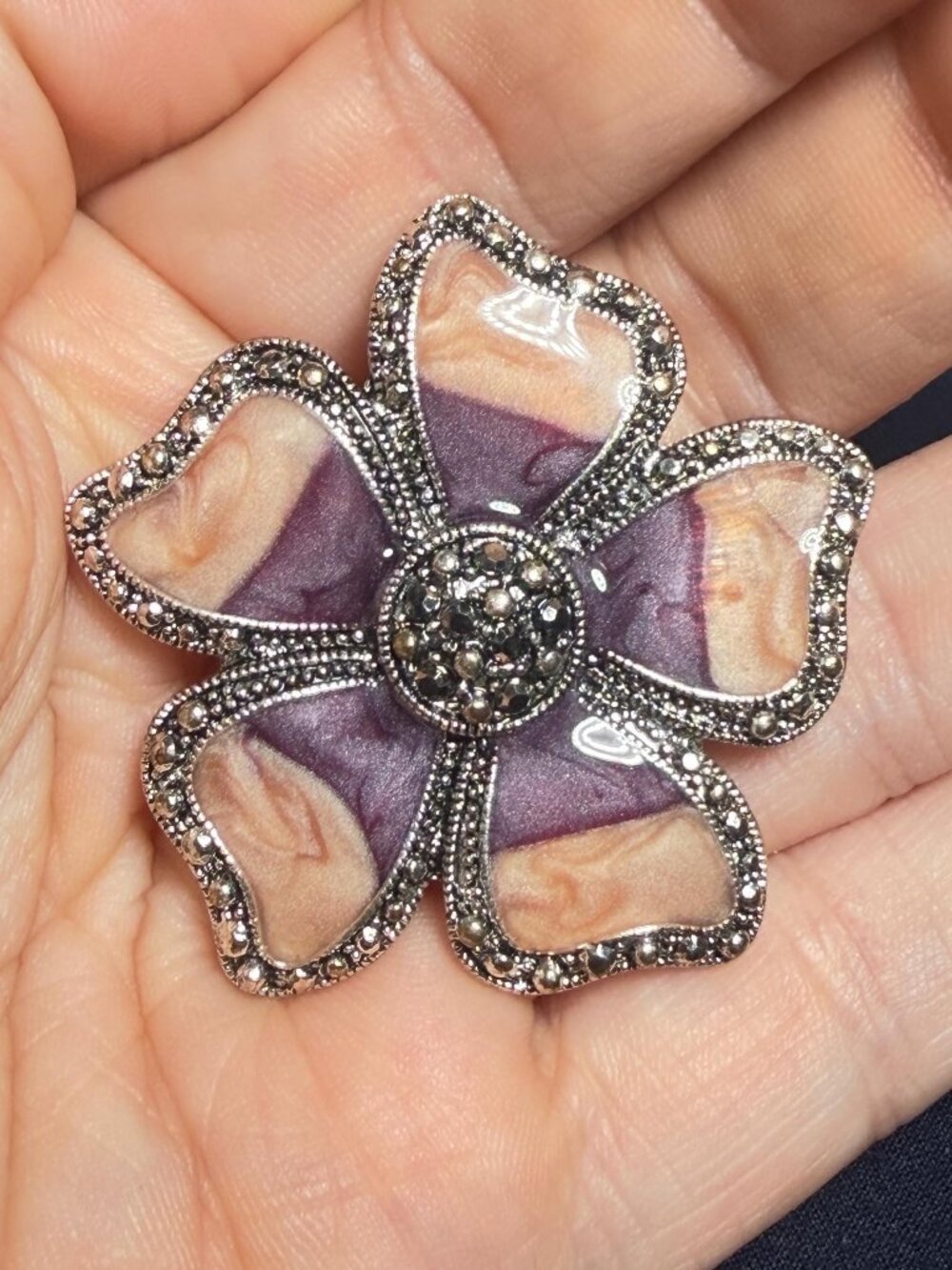 Oil Drip Enamel Flower Brooch Purple Pink Floral Pin High Shine 1.75"